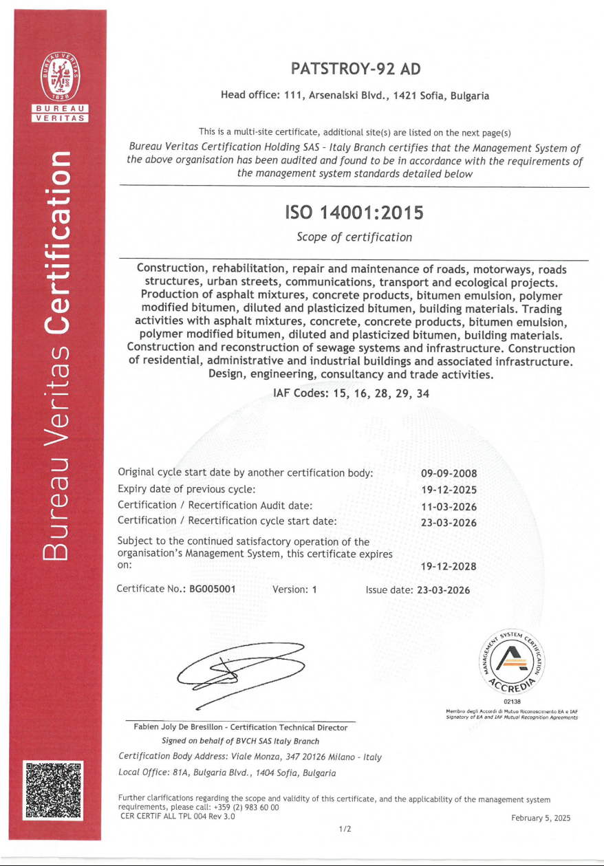 Certification of Patstroy for ISO 14001