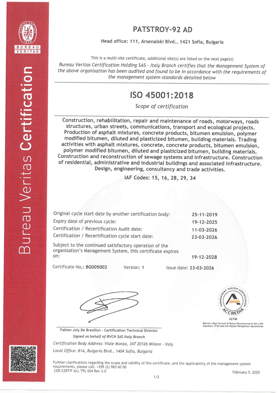 Certification of Patstroy for ISO 45001