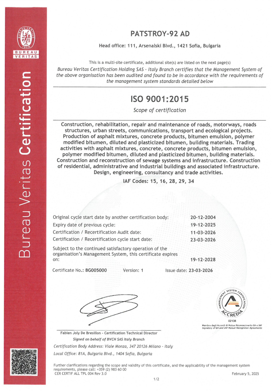 Certification of Patstroy for ISO 9001